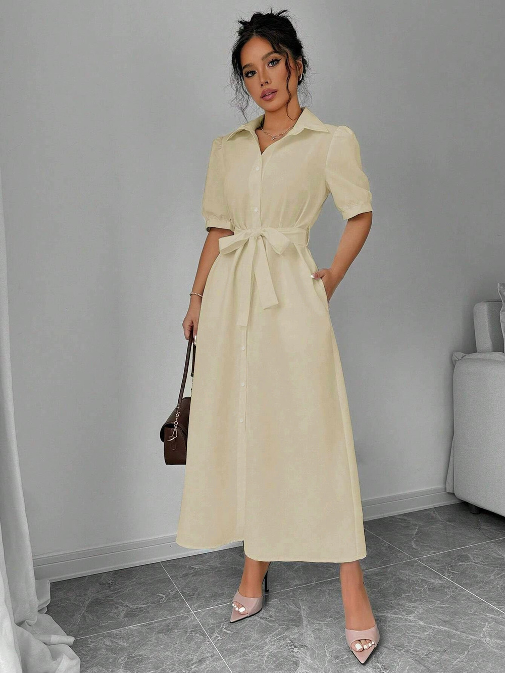 ZARA Elegant Women Tie Waist Shirt Dress Fashion Style